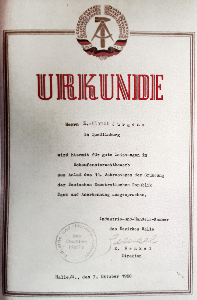 Urkunde für die Schaufenstergestaltung in 1960
